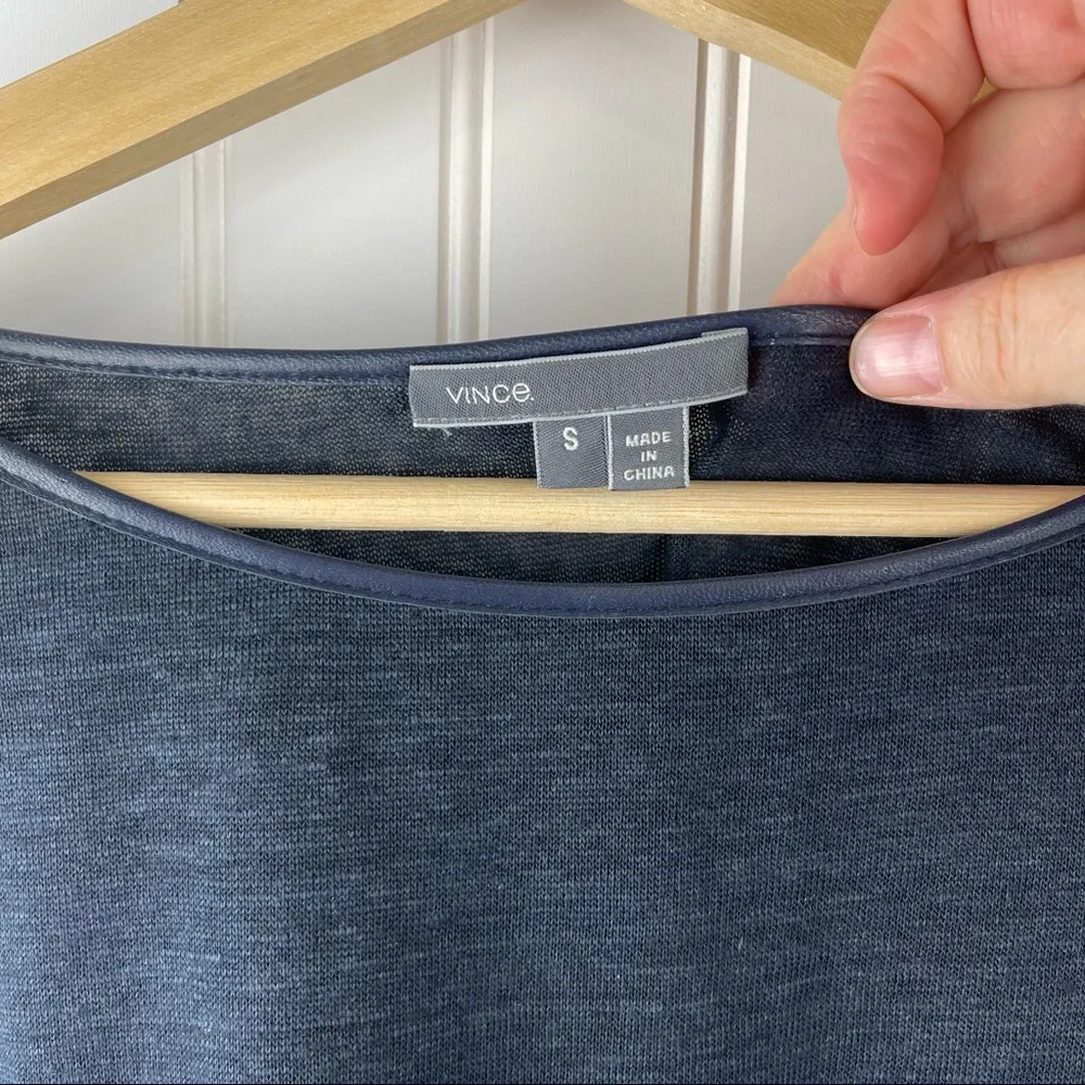 Vince Linen And Lamb Leather Trimmed Long Sleeve Top Navy Blue Size Small - Picture 3 of 7